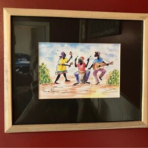 Haitian Folk Art Framed Musicians Watercolor by Pierre Henri